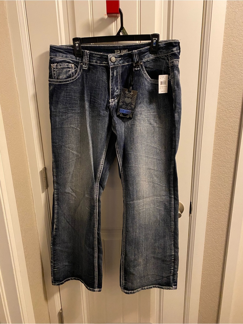 NWT Zco Jeans 14 Petite Flare Leg Stretch Blue Denim 14P Fade Washed Bling Pkts